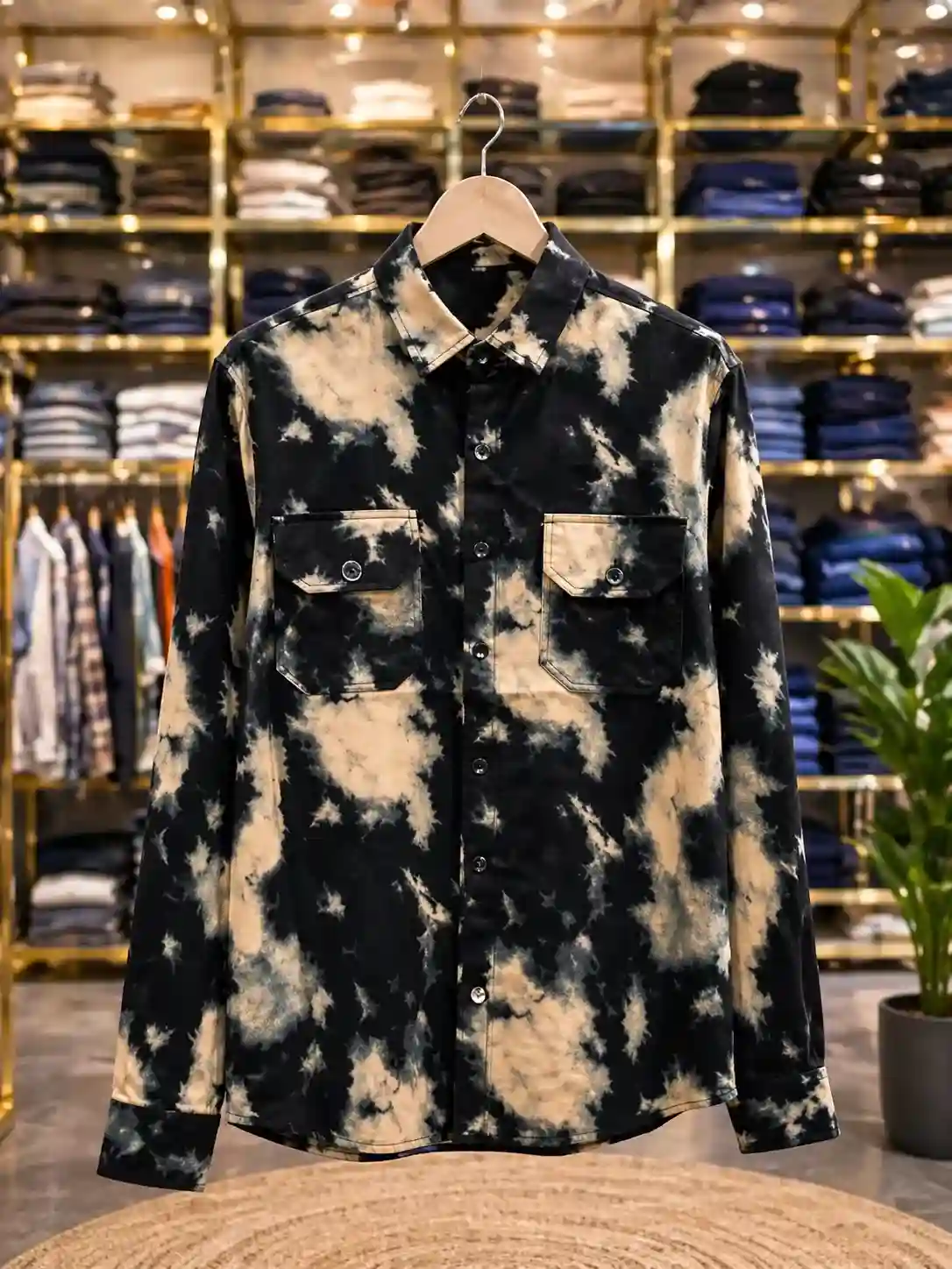 Men's Black and Beige Tie-Dye Shirt
